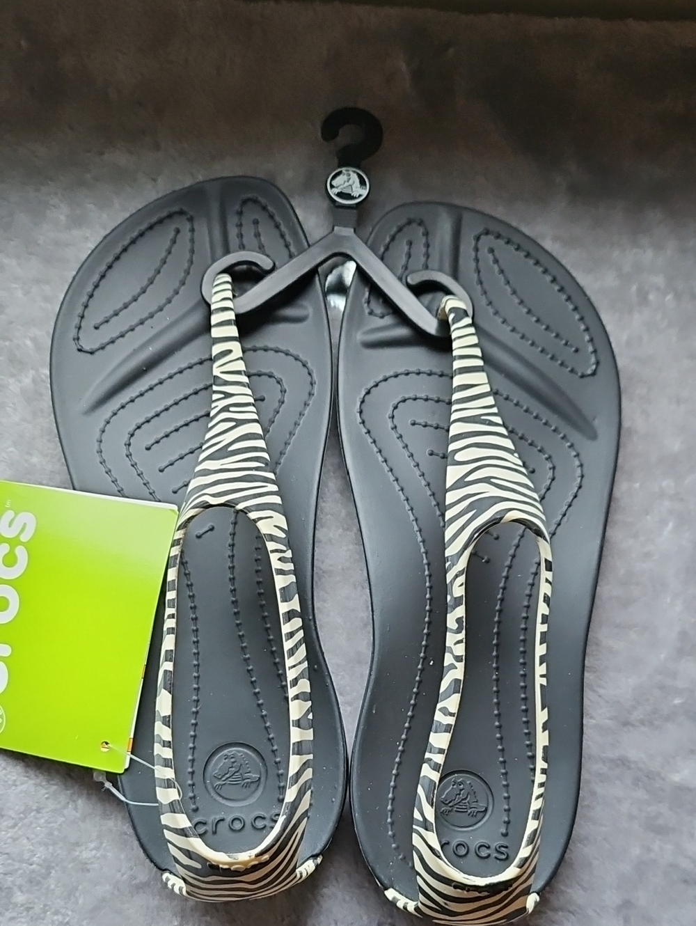 CROCS Black Flip Sandals with Zebra-Print Straps